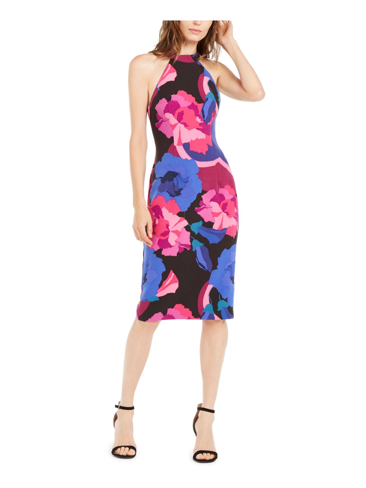 TRINA TRINA TURK Womens Blue Floral Sleeveless Halter Below The Knee Evening Shift Dress 0