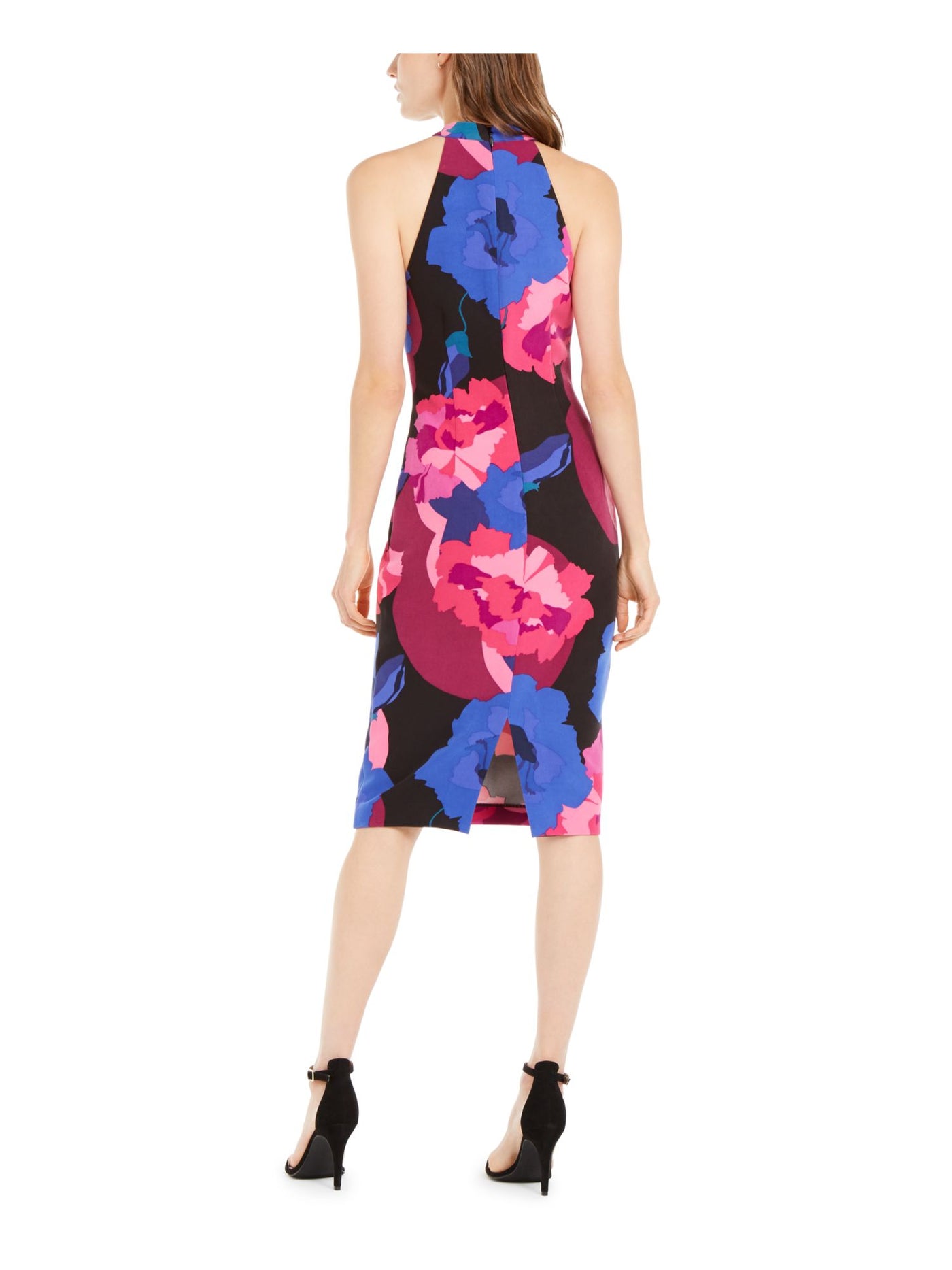 TRINA TRINA TURK Womens Blue Floral Sleeveless Halter Below The Knee Evening Shift Dress 0