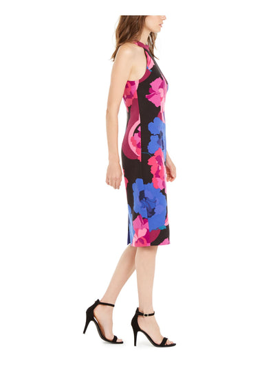 TRINA TRINA TURK Womens Blue Floral Sleeveless Halter Below The Knee Evening Shift Dress 0