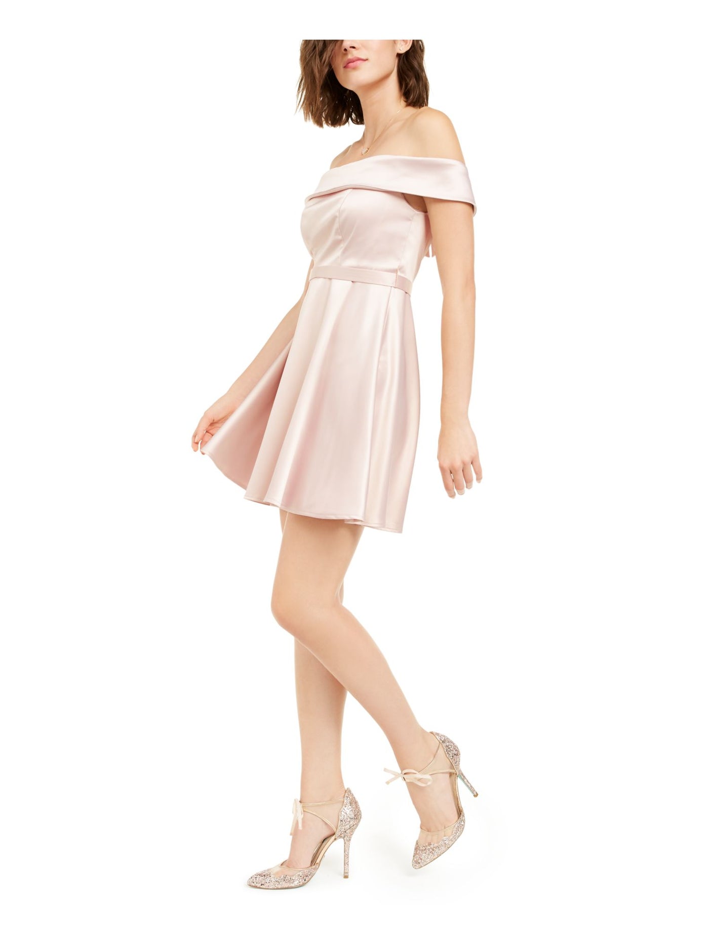 SEQUIN HEARTS Womens Belted Zippered Zippered Short Sleeve Off Shoulder Mini Cocktail Fit + Flare Dress