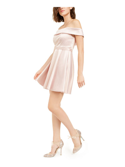 SEQUIN HEARTS Womens Belted Zippered Zippered Short Sleeve Off Shoulder Mini Cocktail Fit + Flare Dress