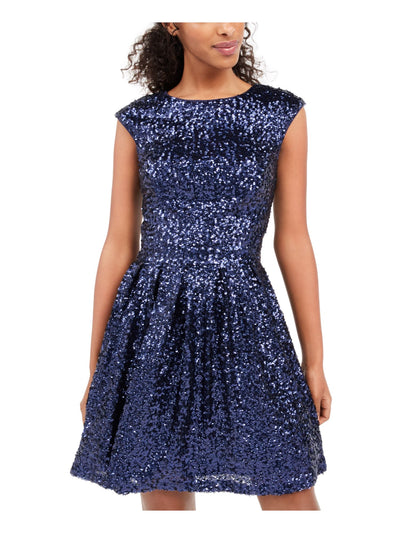 EMERALD SUNDAE Womens Blue Sequined Cap Sleeve Jewel Neck Short Party Fit + Flare Dress S