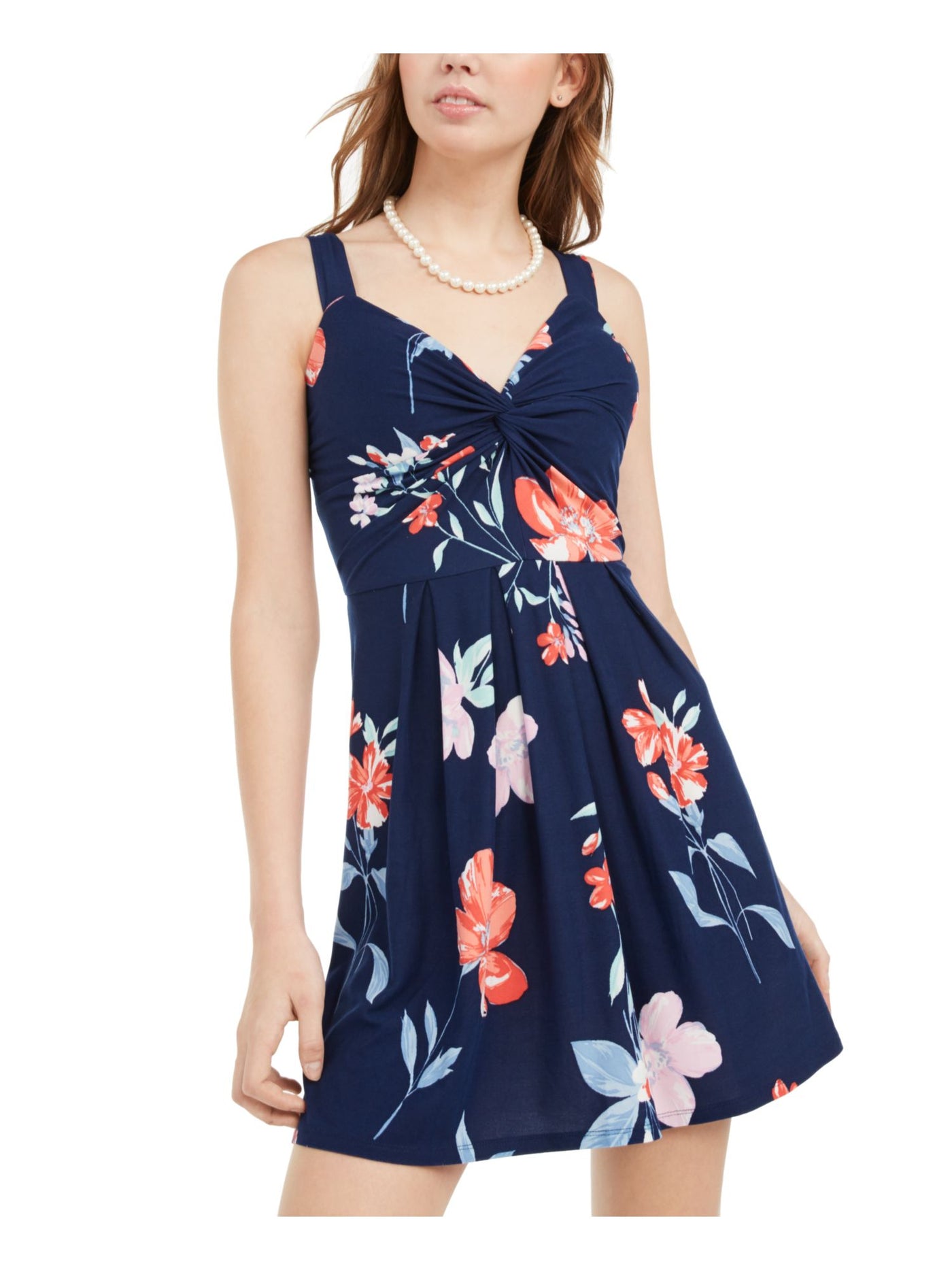 PLANET GOLD Womens Navy Floral Sleeveless V Neck Short Fit + Flare Dress XXS