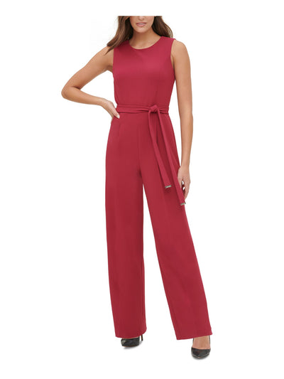 TOMMY HILFIGER Womens Red Belted Sleeveless V Neck Wear To Work Wide Leg Jumpsuit 12