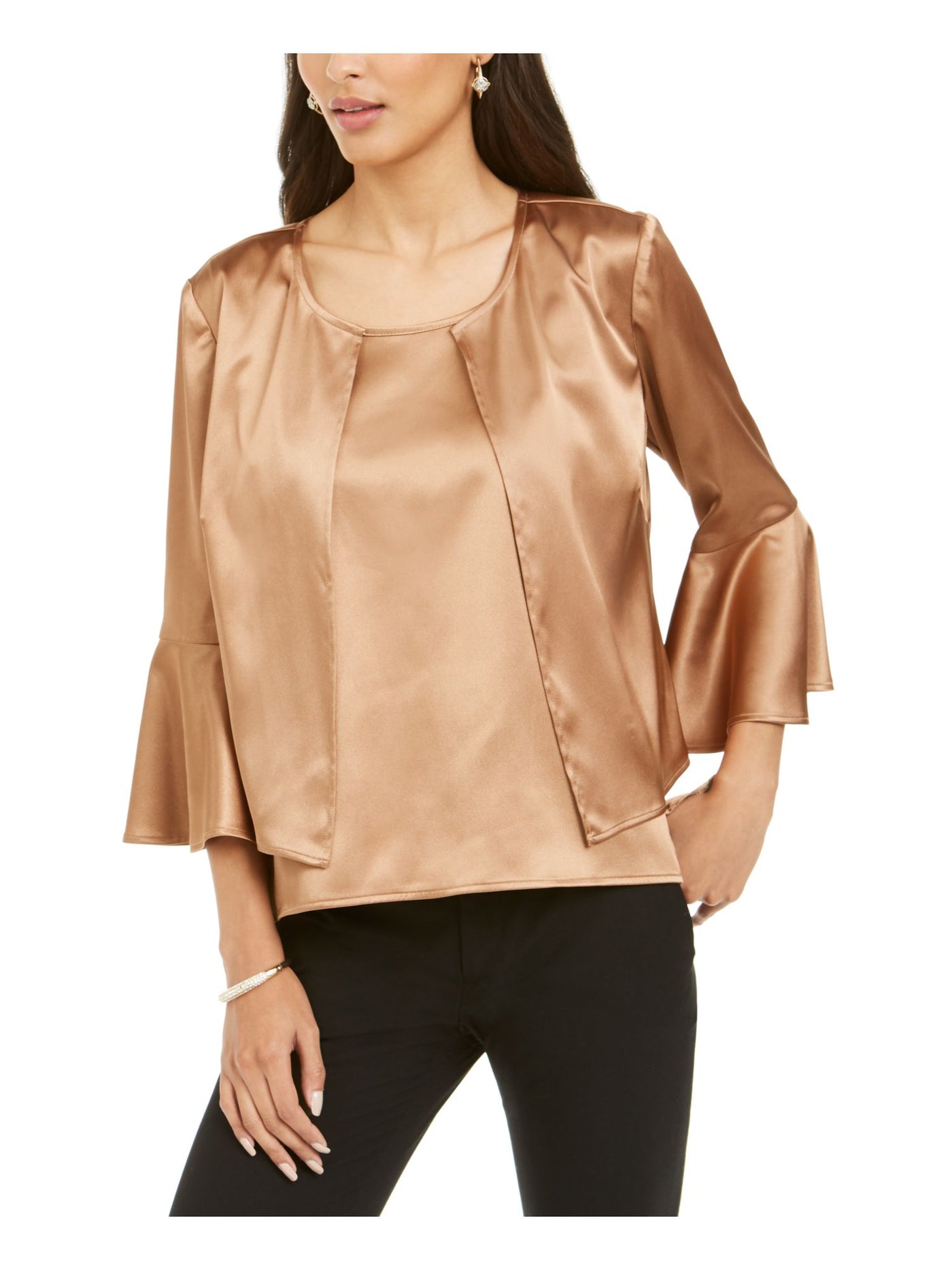 28th & Park Womens Brown 3/4 Sleeve Jewel Neck Party Blouse 6