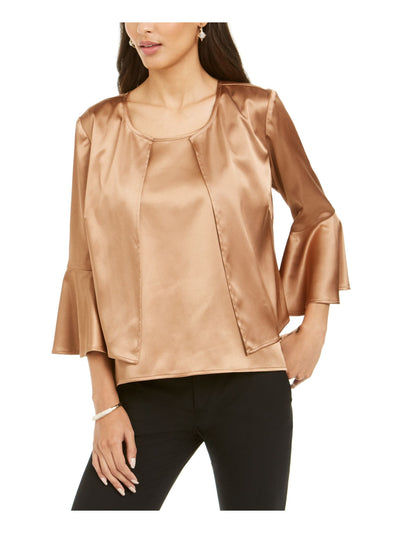 28th & Park Womens Brown 3/4 Sleeve Jewel Neck Party Blouse 10