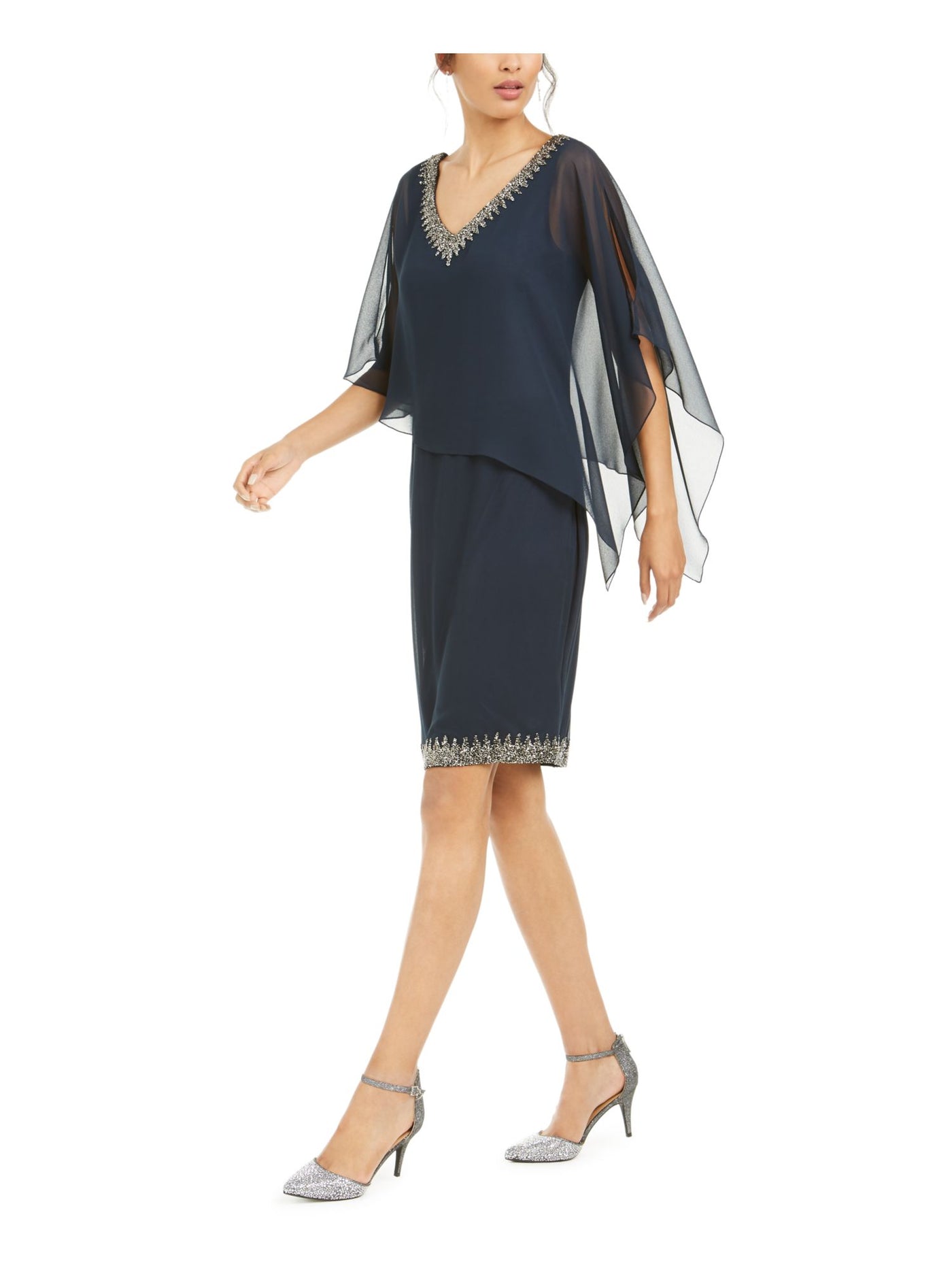 JKARA Womens Navy Stretch Embellished Sheer Overlay Lined Sleeveless V Neck Above The Knee Formal Sheath Dress 6