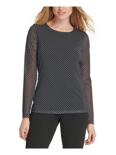 DKNY Womens Black Polka Dot Long Sleeve Jewel Neck Top Size: L