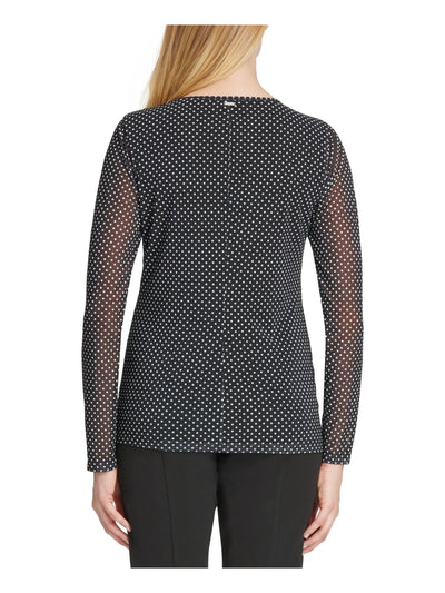 DKNY Womens Black Polka Dot Long Sleeve Jewel Neck Top Size: L