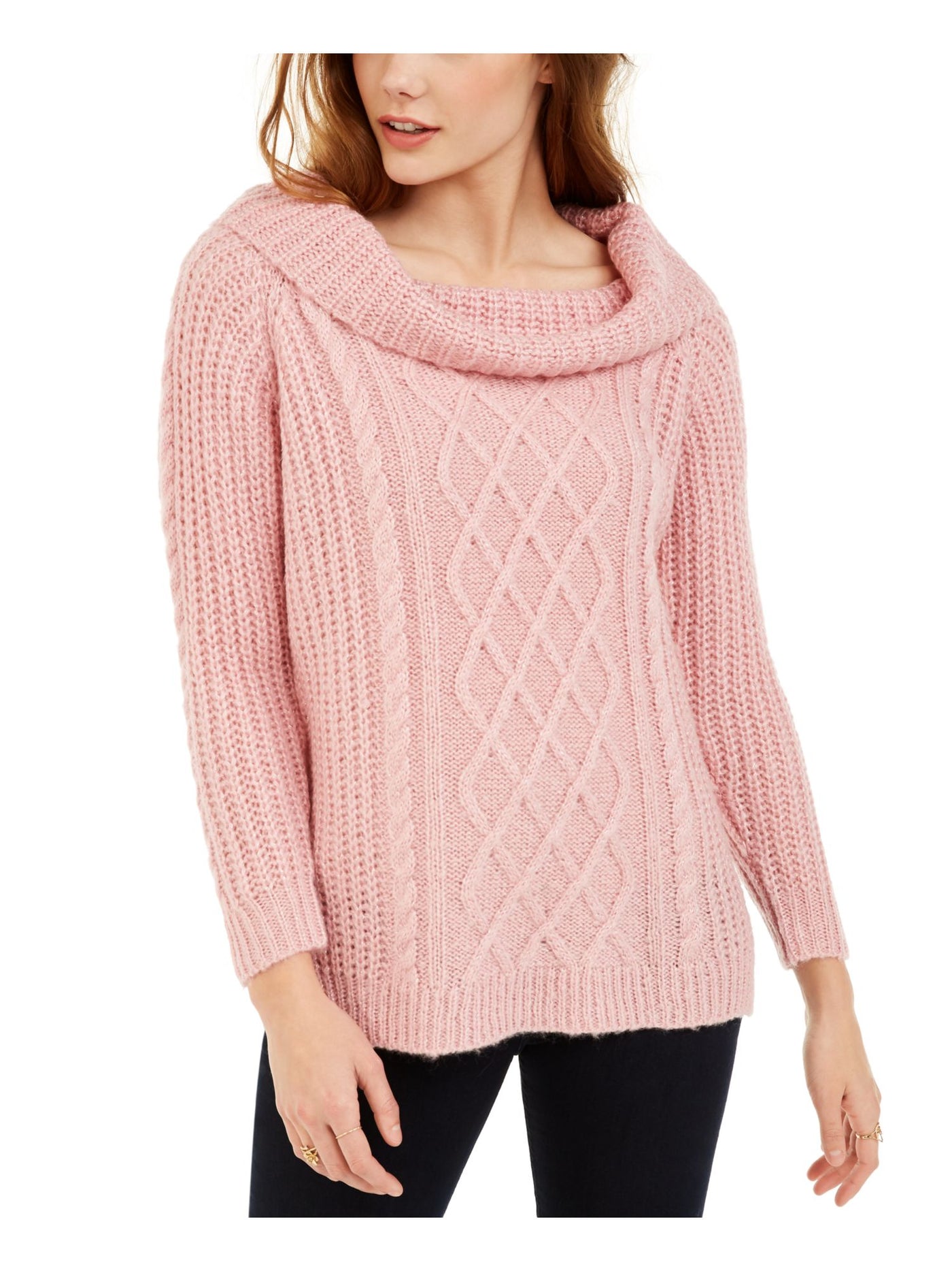 NO COMMENT Pink Off-the-Shoulder Slouchy Cable Knit Metallic Sweater M