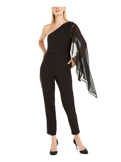 ADRIANNA PAPELL Womens Black Sheer Sleeve Long Sleeve Asymmetrical Neckline Evening Straight leg Jumpsuit 8