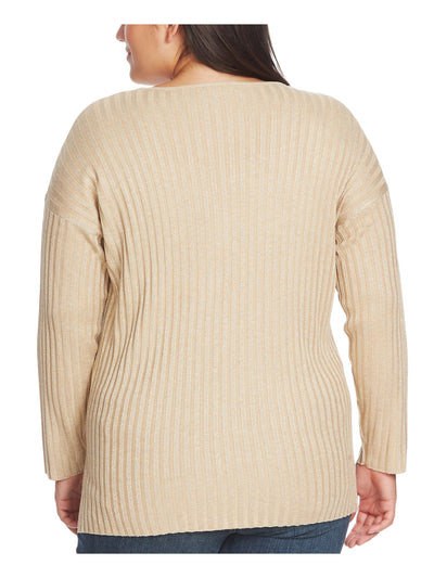 VINCE CAMUTO Womens Beige Long Sleeve V Neck Evening Sweater Plus 1X