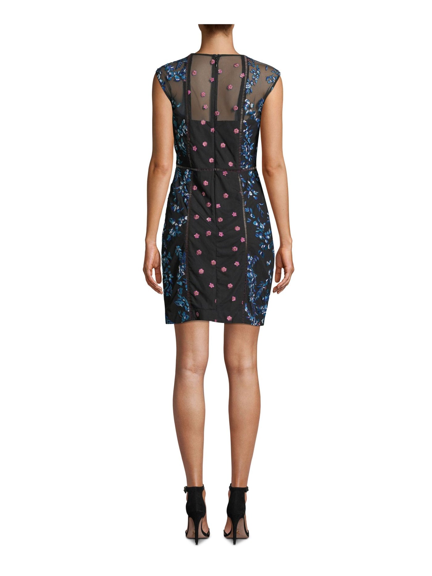 NICOLE MILLER Womens Black Embroidered Sheer Printed Sleeveless Illusion Neckline Mini Cocktail Sheath Dress 10