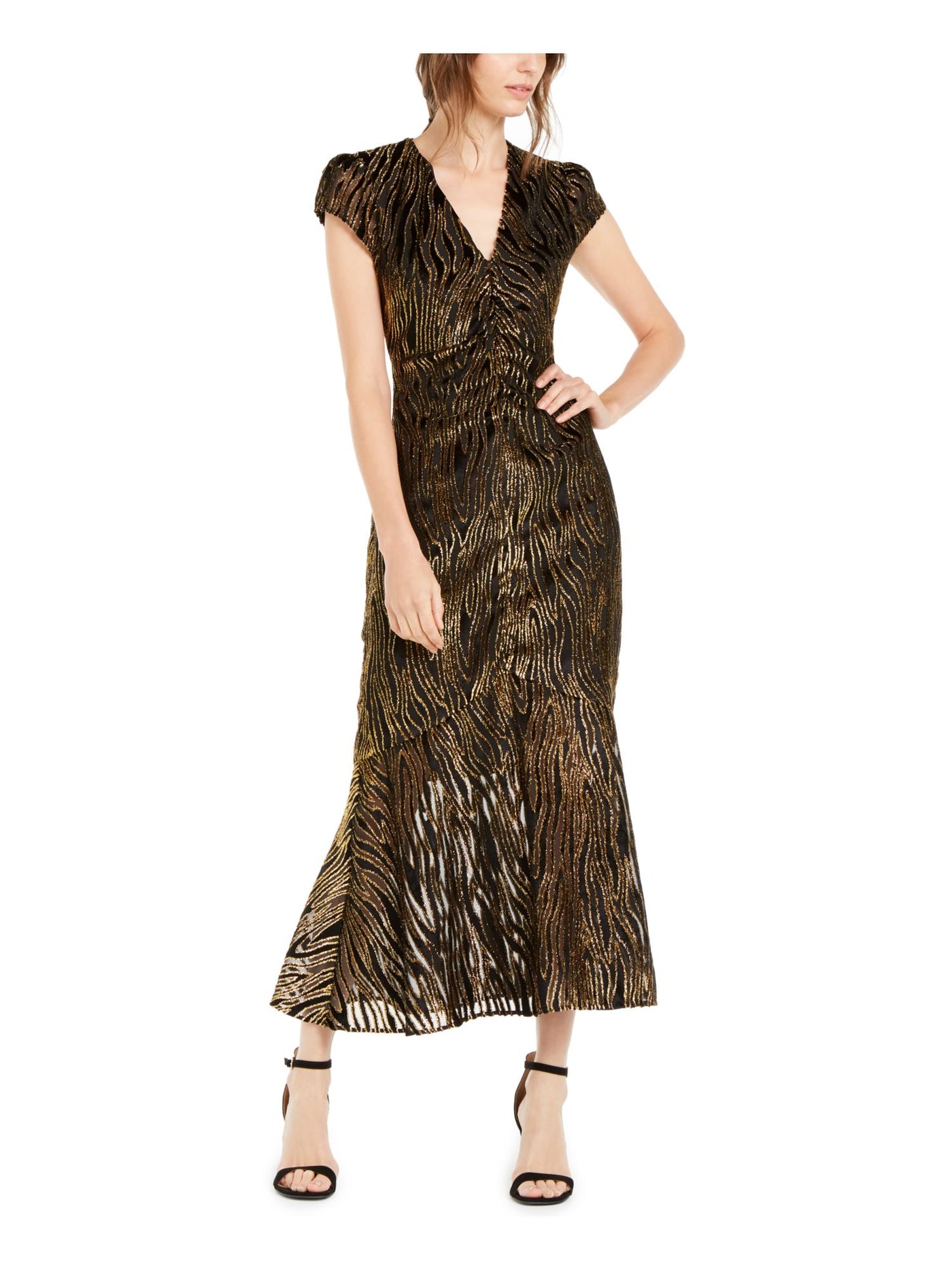 RACHEL ZOE Womens Black Textured Printed Cap Sleeve V Neck Maxi Wear To Work Trapeze Dress 8