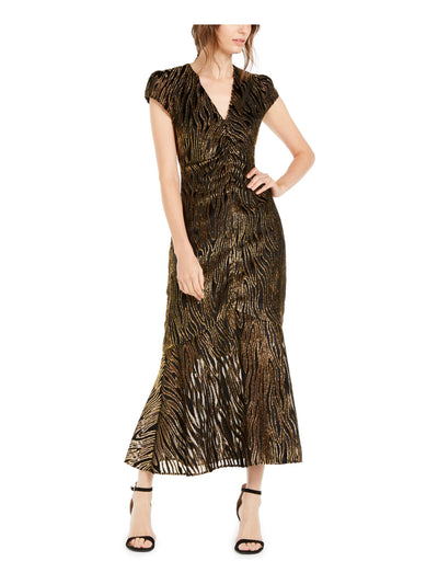 RACHEL ZOE Womens Black Textured Printed Cap Sleeve V Neck Maxi Wear To Work Trapeze Dress 8