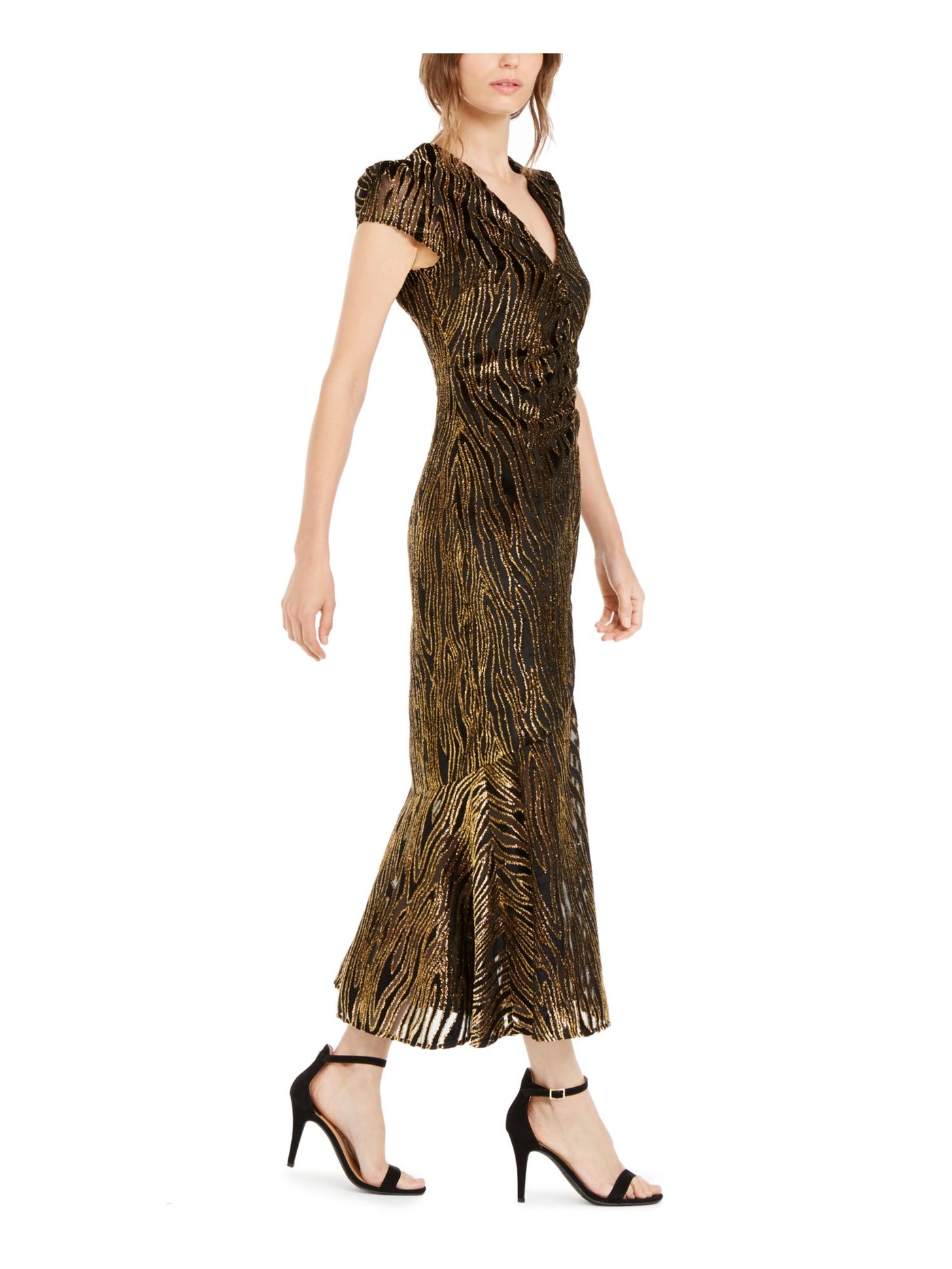 RACHEL ZOE Womens Black Textured Printed Cap Sleeve V Neck Maxi Wear To Work Trapeze Dress 2