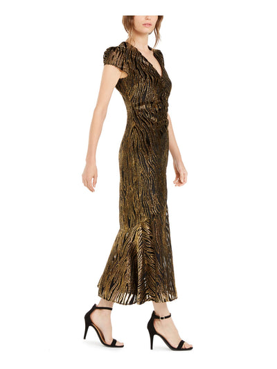 RACHEL ZOE Womens Black Textured Printed Cap Sleeve V Neck Maxi Wear To Work Trapeze Dress 8
