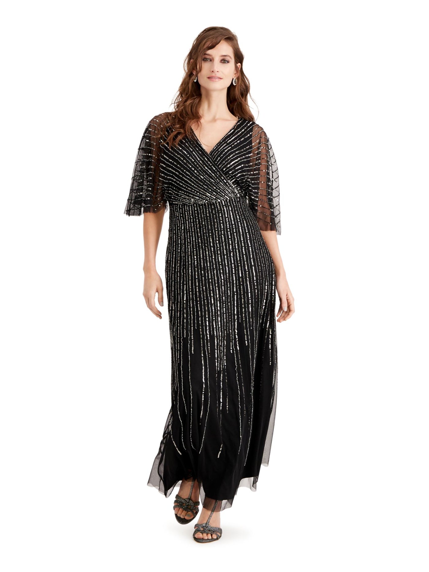 ADRIANNA PAPELL Womens Black Sequined Sheer Short Sleeve V Neck Full-Length Evening Empire Waist Dress 4