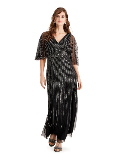 ADRIANNA PAPELL Womens Black Sequined Sheer Short Sleeve V Neck Full-Length Evening Empire Waist Dress 4