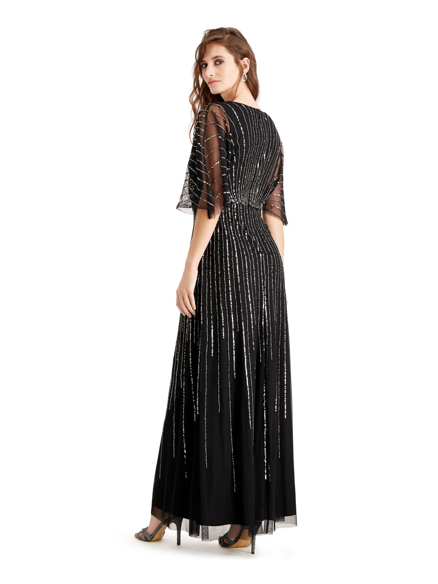 ADRIANNA PAPELL Womens Black Sequined Sheer Short Sleeve V Neck Full-Length Evening Empire Waist Dress 4