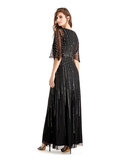 ADRIANNA PAPELL Womens Black Sequined Sheer Short Sleeve V Neck Full-Length Evening Empire Waist Dress 4