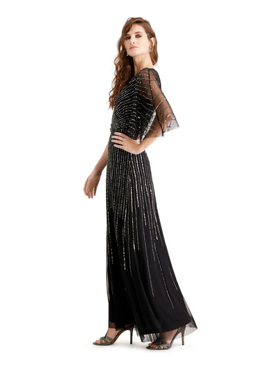 ADRIANNA PAPELL Womens Black Sequined Sheer Short Sleeve V Neck Full-Length Evening Empire Waist Dress 4