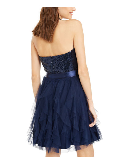 TEEZE ME Womens Navy Sequined Zippered Sleeveless Halter Above The Knee Party Fit + Flare Dress 0