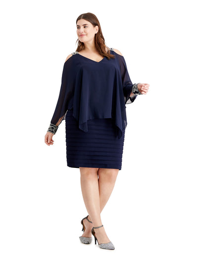 BETSY & ADAM Womens Navy Cold Shoulder Embellished Popover Zippered Banded Skirt Long Sleeve V Neck Above The Knee Cocktail Sheath Dress Plus 16W