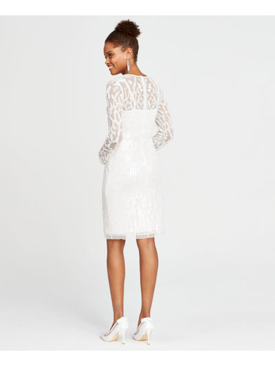 ADRIANNA PAPELL Womens White Beaded Sequined Zippered Printed Long Sleeve Illusion Neckline Above The Knee Formal Sheath Dress 10