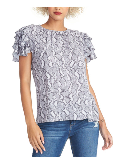 RACHEL RACHEL ROY Womens Gray Patterned Petal Sleeve Jewel Neck Top S