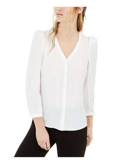 BAR III Womens White 3/4 Sleeve V Neck Button Up Top M