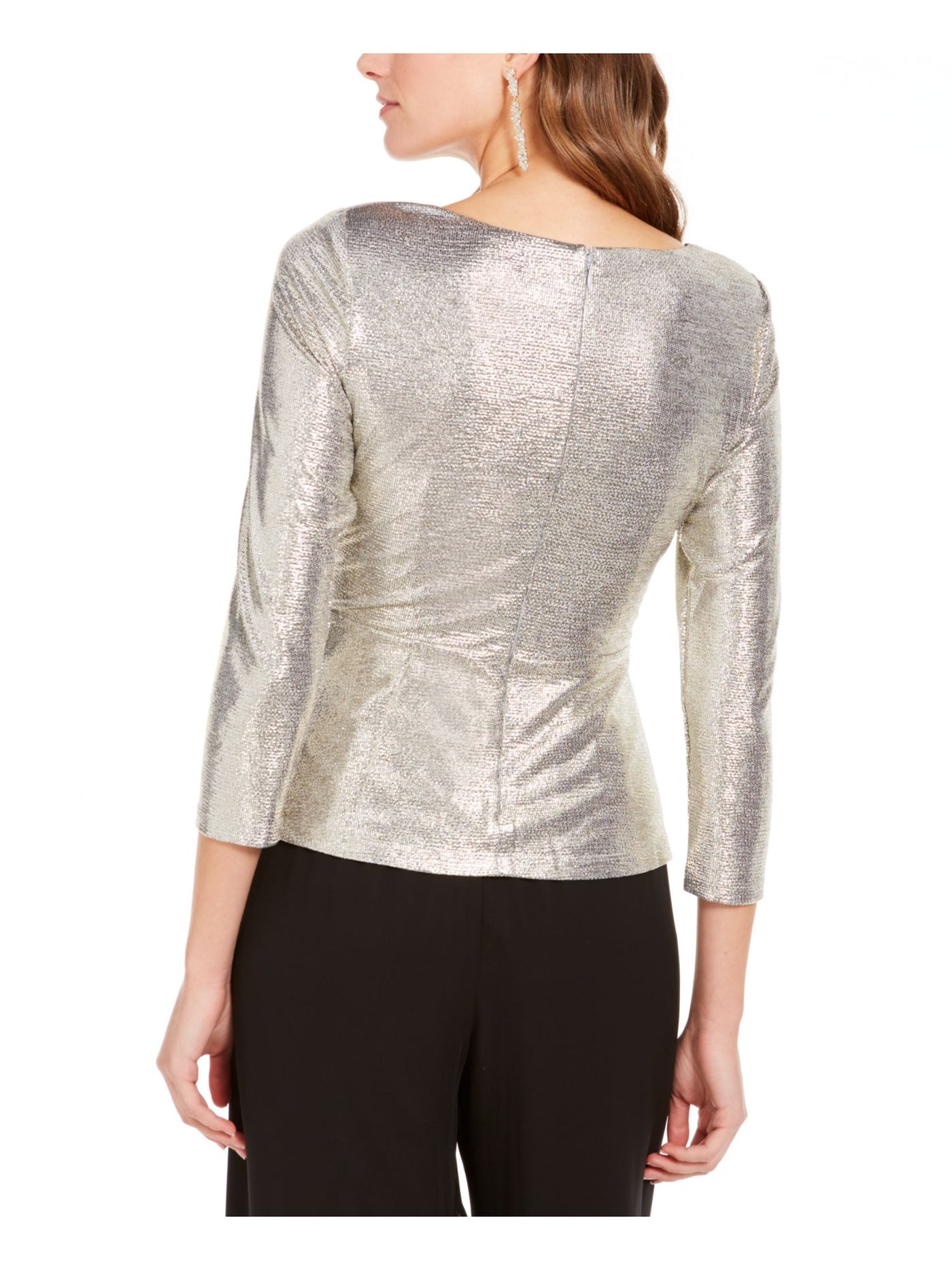 ADRIANNA PAPELL Womens Tie Metallic 3/4 Sleeve Surplice Neckline Party Faux Wrap Top