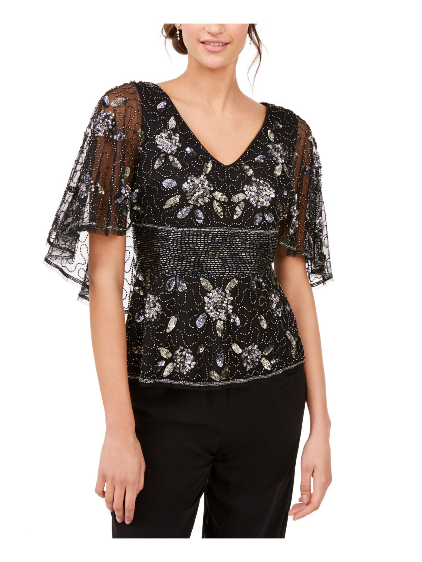 ADRIANNA PAPELL Womens Black Embellished Flutter Capelet Sleeves V Neck Evening Top 0