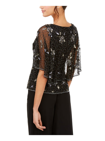 ADRIANNA PAPELL Womens Black Embellished Flutter Capelet Sleeves V Neck Evening Top 0