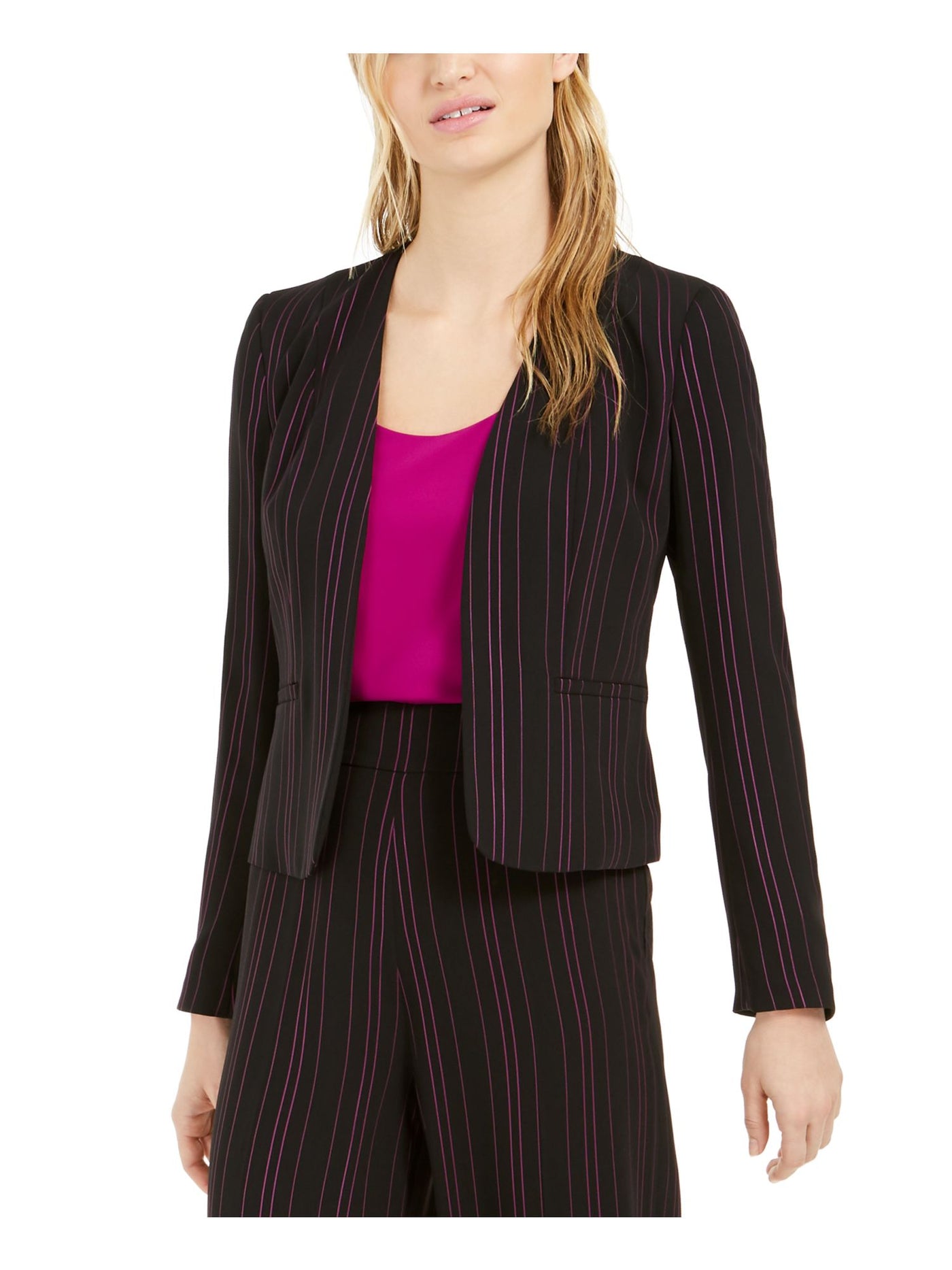 BAR III Womens Black Lined Faux Pockets Open Front Pinstripe Wear To Work Blazer Jacket L