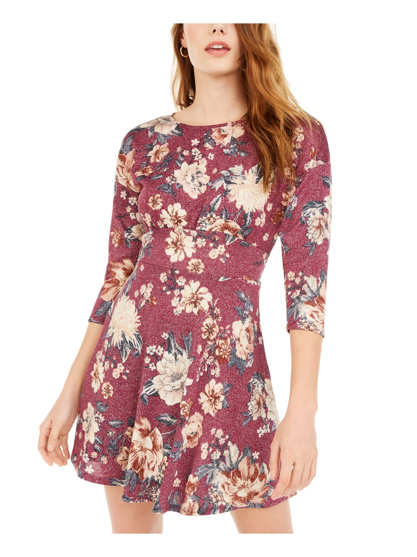 BEBOP Womens Purple Floral Long Sleeve Crew Neck Short Fit + Flare Dress L