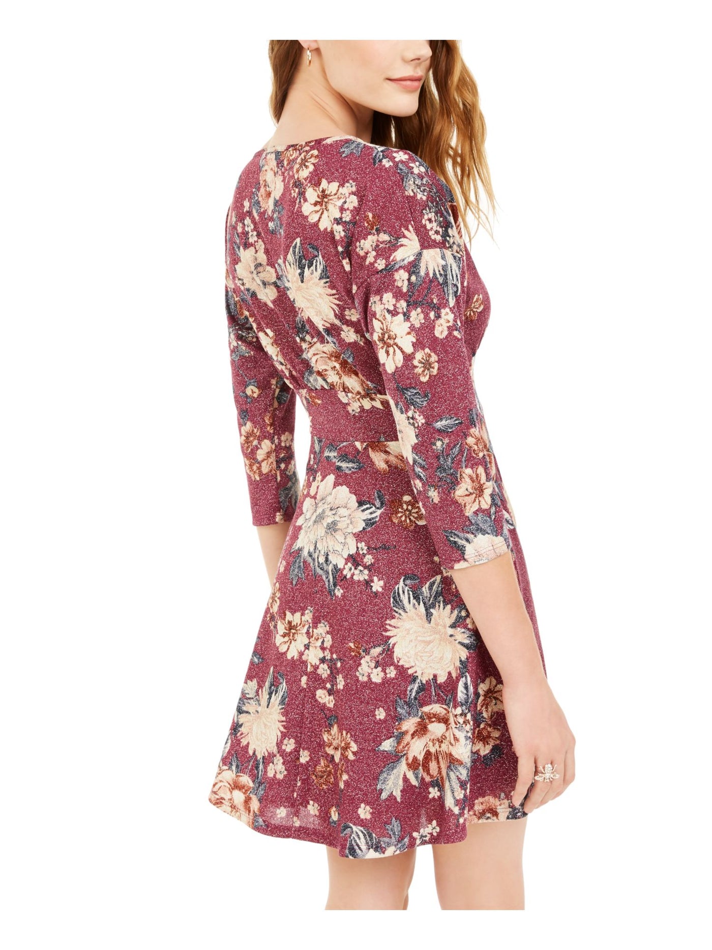 BEBOP Womens Purple Floral Long Sleeve Crew Neck Short Fit + Flare Dress XS