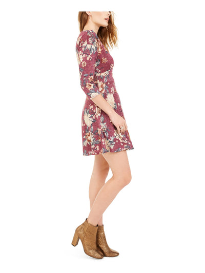 BEBOP Womens Purple Floral Long Sleeve Crew Neck Short Fit + Flare Dress XXS