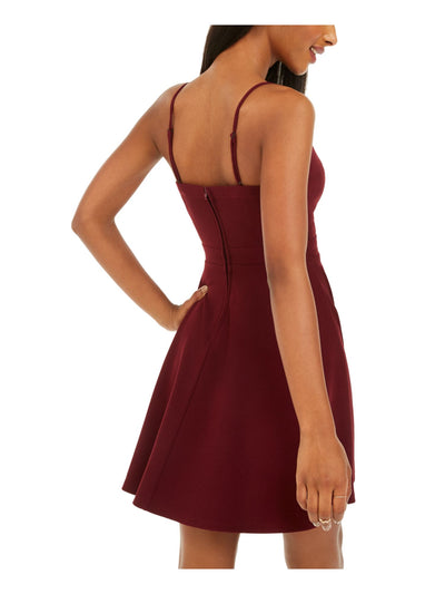 B DARLIN Womens Burgundy Stretch Scalloped Zippered Adjustable Straps Spaghetti Strap V Neck Mini Evening Fit + Flare Dress Juniors 9\10