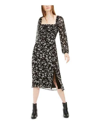 LEYDEN Womens Black Slitted Floral Square Neck Below The Knee Fit + Flare Dress S