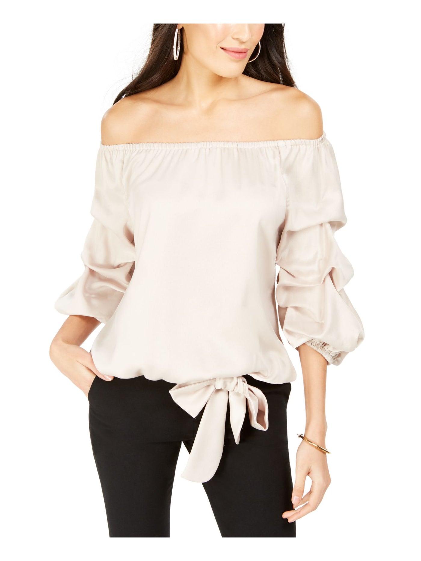 MSK PETITES Womens Beige Tie Puff Sleeve 3/4 Sleeve Off Shoulder Party Blouse Petites PM