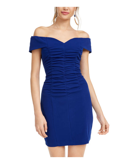 EMERALD SUNDAE Womens Blue Ruched Sleeveless Off Shoulder Short Evening Body Con Dress S