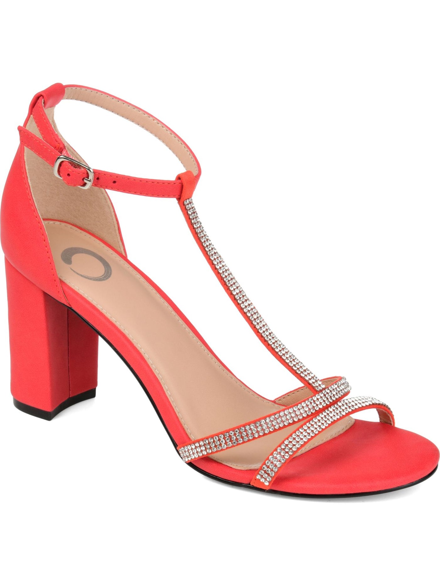 JOURNEE COLLECTION Womens Red T-Strap Rhinestone Denali Round Toe Block Heel Buckle Dress Pumps 8.5 M