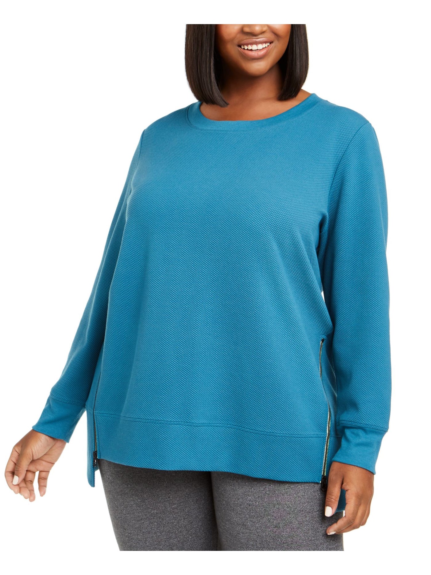 IDEOLOGY Womens Teal Zippered Textured Long Sleeve Jewel Neck Sweater Plus 1X