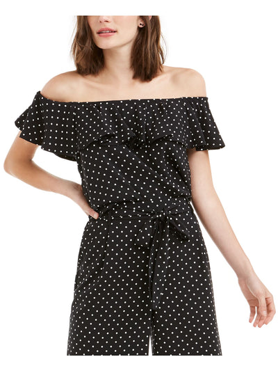 MAISON JULES Womens Black Polka Dot Short Sleeve Off Shoulder Top S