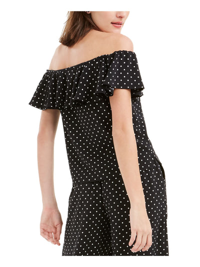 MAISON JULES Womens Black Polka Dot Short Sleeve Off Shoulder Top S