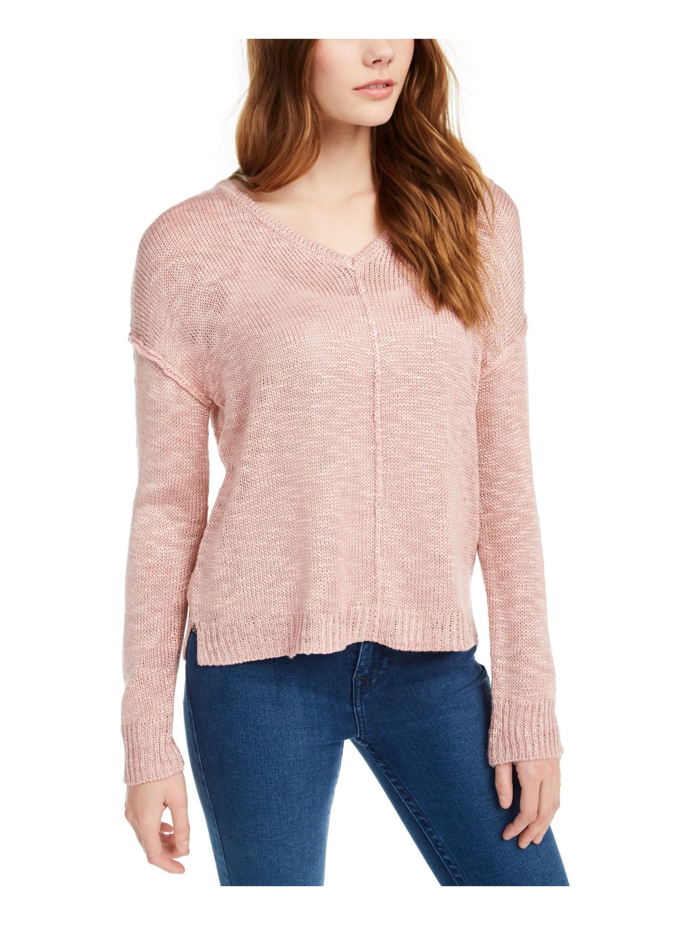 PINK ROSE Womens Pink Heather Long Sleeve Scoop Neck Button Up Sweater S