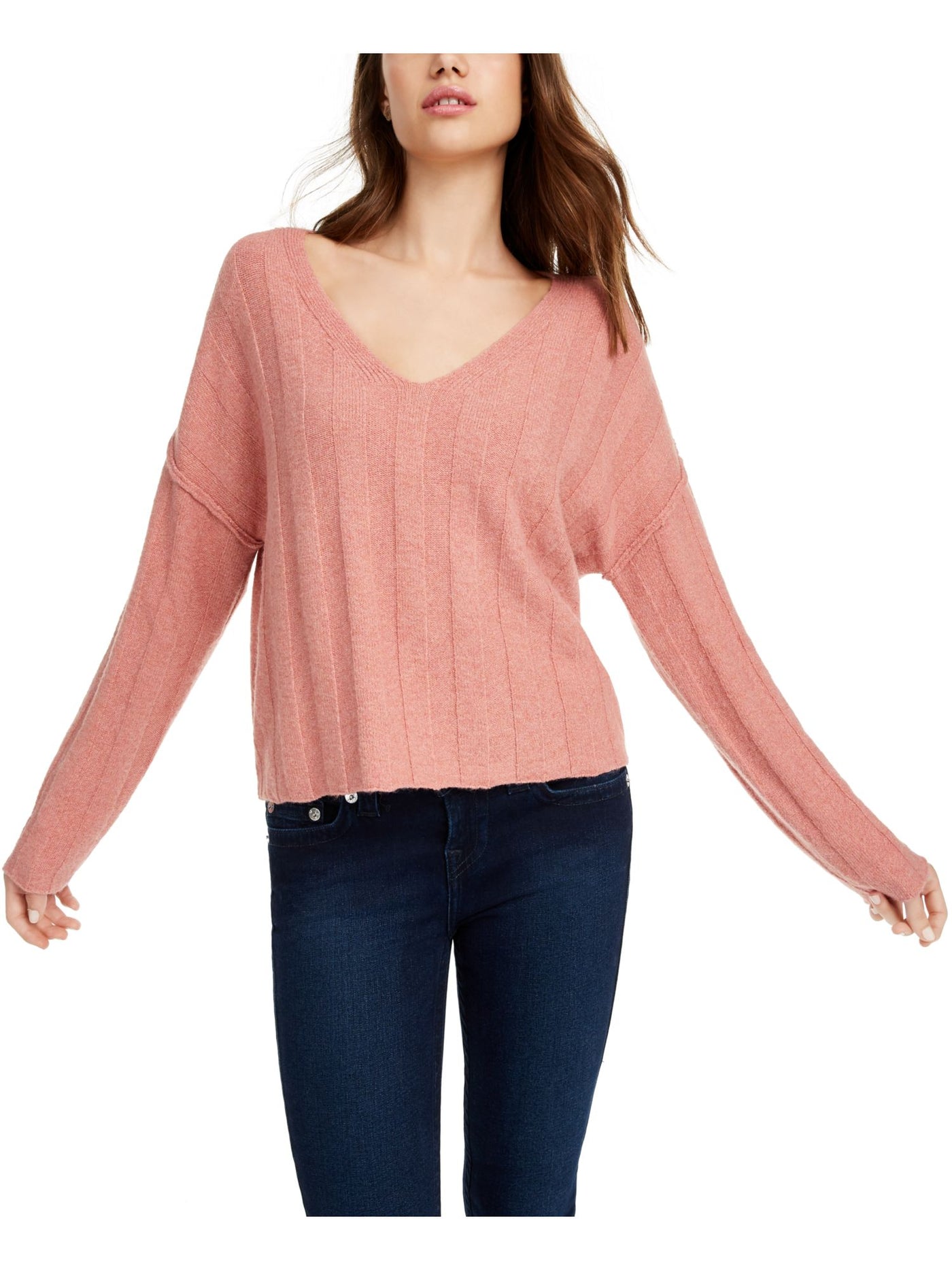 PINK ROSE Womens Pink Heather Dolman Sleeve V Neck Sweater Juniors M
