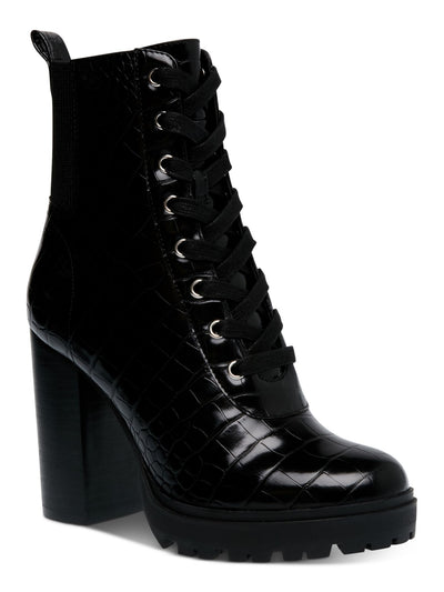 STEVE MADDEN Womens Black Croc Embossed Comfort Pull Tb Stretch Latch Round Toe Block Heel Zip-Up Hiking Boots 5.5