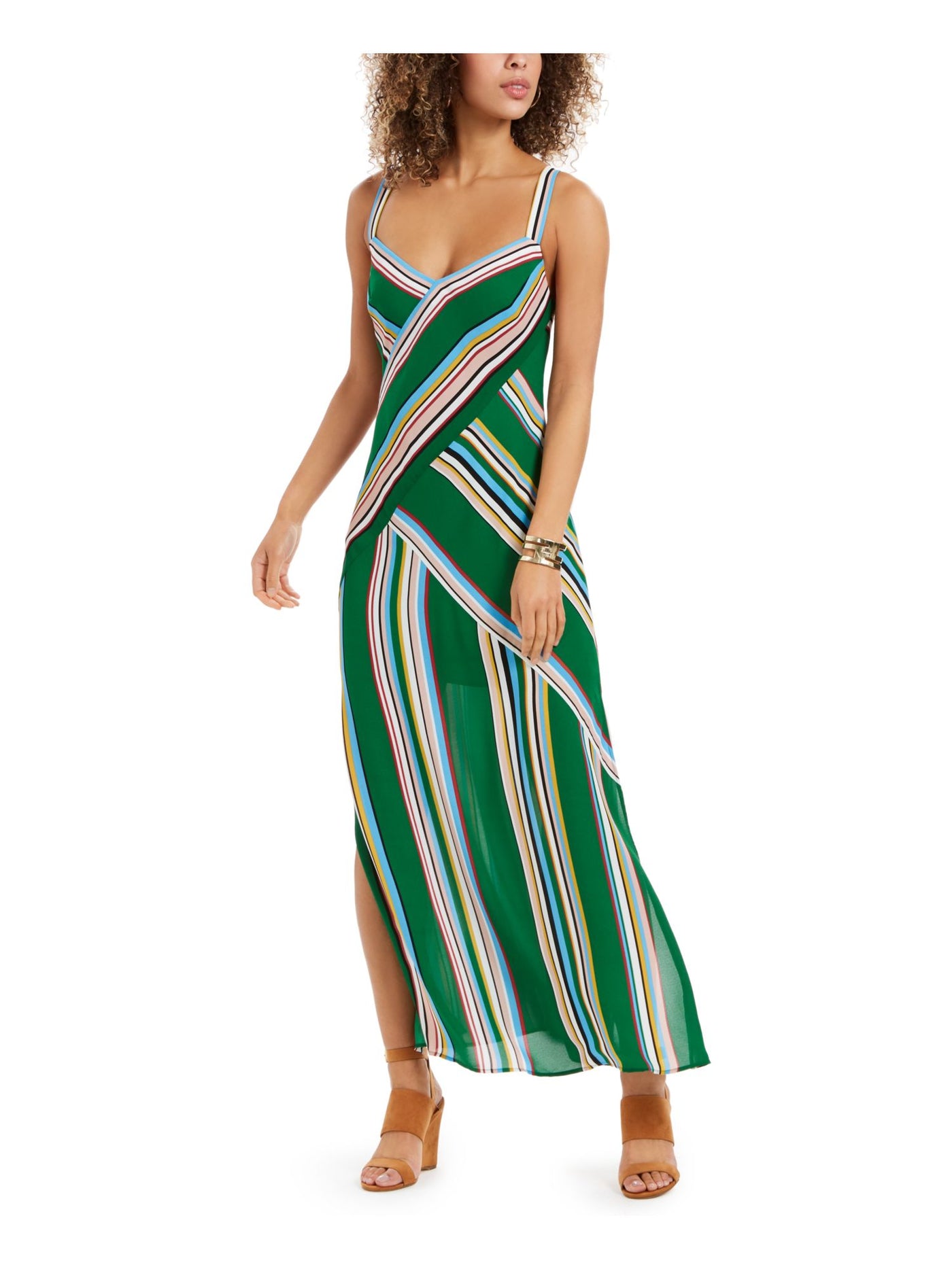 ADRIANNA PAPELL Womens Green Color Block Spaghetti Strap V Neck Full-Length Formal A-Line Dress 0